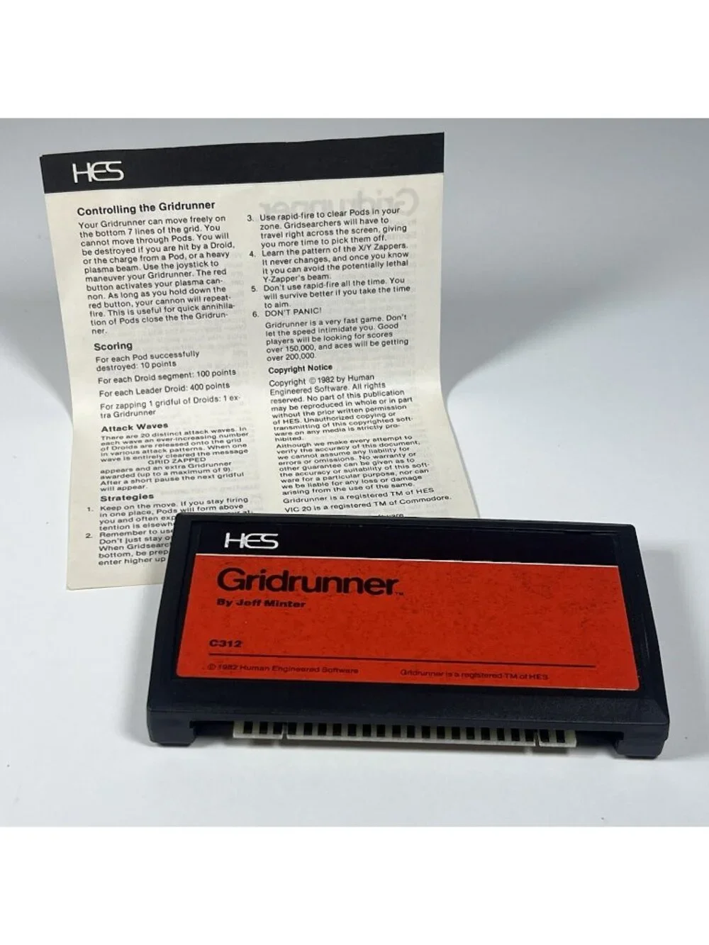 Vintage VIC-20 Gridrunner HES C312 Jeff Minter Cartridge w/ Instruction Sheet